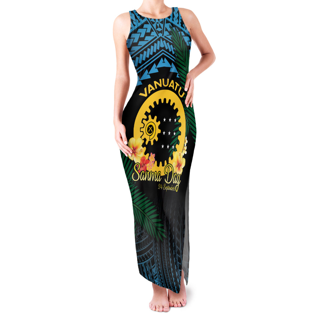 Personalised Sanma Day Family Matching Tank Maxi Dress and Hawaiian Shirt Vanuatu Provinces Polynesian Pattern LT14 Mom's Dress Black - Polynesian Pride