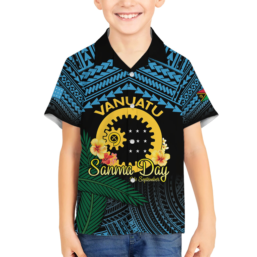 Personalised Sanma Day Family Matching Tank Maxi Dress and Hawaiian Shirt Vanuatu Provinces Polynesian Pattern LT14 Son's Shirt Black - Polynesian Pride
