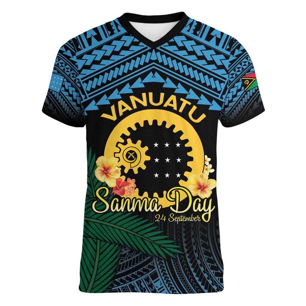 Personalised Sanma Day Women V-Neck T-Shirt Vanuatu Provinces Polynesian Pattern LT14 Female Black - Polynesian Pride