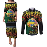 Personalised Tafea Day Couples Matching Puletasi and Long Sleeve Button Shirt Vanuatu Provinces Polynesian Pattern LT14 Black - Polynesian Pride