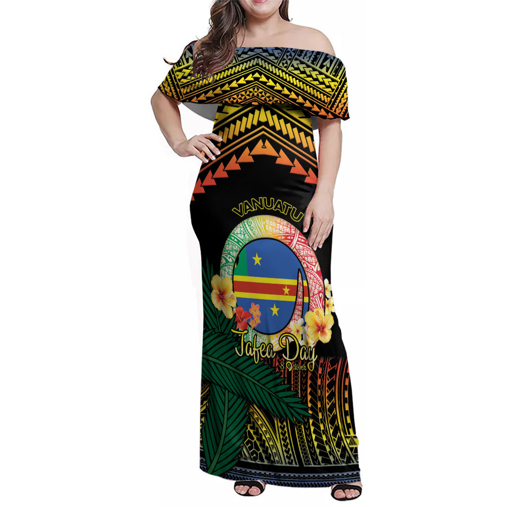 Personalised Tafea Day Family Matching Off Shoulder Maxi Dress and Hawaiian Shirt Vanuatu Provinces Polynesian Pattern LT14 Mom's Dress Black - Polynesian Pride