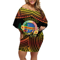 Personalised Tafea Day Family Matching Off Shoulder Short Dress and Hawaiian Shirt Vanuatu Provinces Polynesian Pattern LT14 Mom's Dress Black - Polynesian Pride
