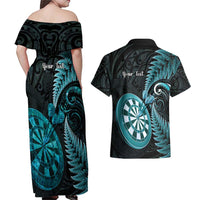 Personalised New Zealand Darts Couples Matching Off Shoulder Maxi Dress and Hawaiian Shirt Happiness Is A Tight Threesome Maori Paua Shell
