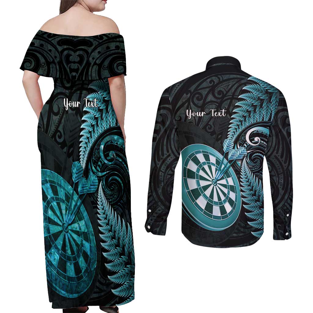 Personalised New Zealand Darts Couples Matching Off Shoulder Maxi Dress and Long Sleeve Button Shirt Happiness Is A Tight Threesome Maori Paua Shell