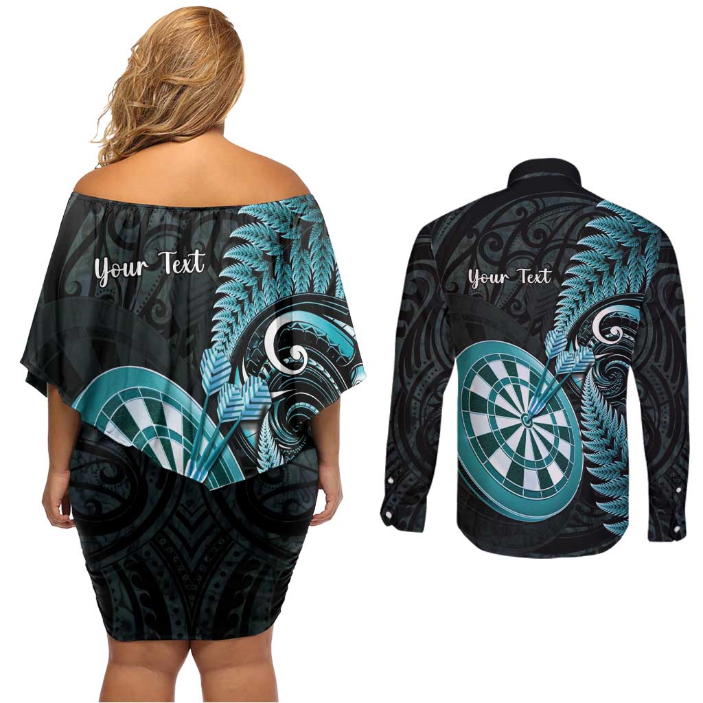 Personalised New Zealand Darts Couples Matching Off Shoulder Short Dress and Long Sleeve Button Shirt Happiness Is A Tight Threesome Maori Paua Shell