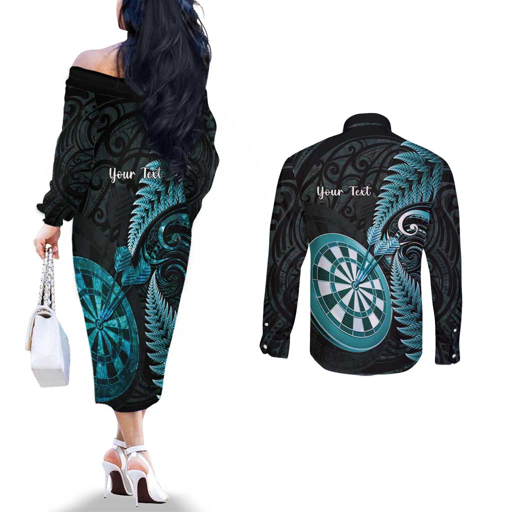 Personalised New Zealand Darts Couples Matching Off The Shoulder Long Sleeve Dress and Long Sleeve Button Shirt Happiness Is A Tight Threesome Maori Paua Shell