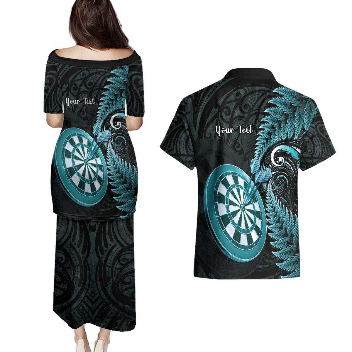 Personalised New Zealand Darts Couples Matching Puletasi and Hawaiian Shirt Happiness Is A Tight Threesome Maori Paua Shell