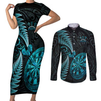Personalised New Zealand Darts Couples Matching Short Sleeve Bodycon Dress and Long Sleeve Button Shirt Happiness Is A Tight Threesome Maori Paua Shell