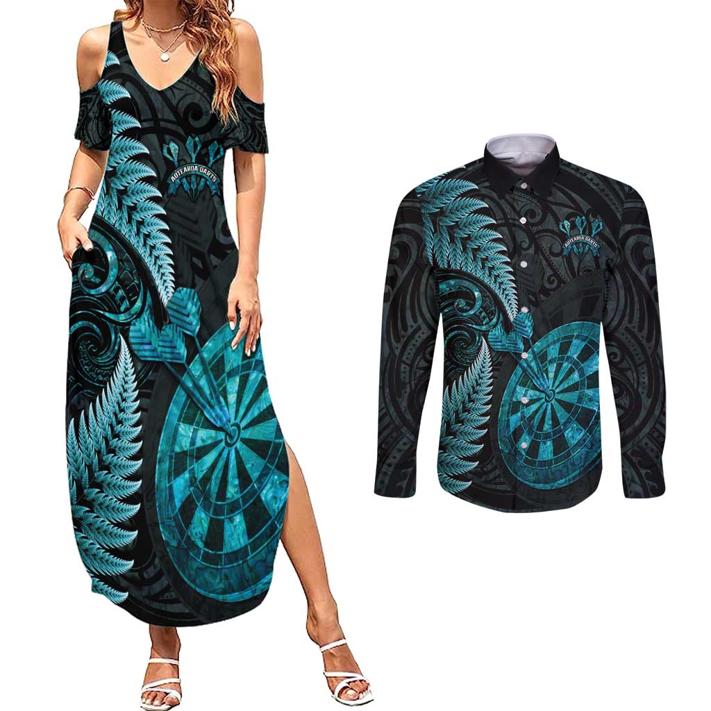 Personalised New Zealand Darts Couples Matching Summer Maxi Dress and Long Sleeve Button Shirt Happiness Is A Tight Threesome Maori Paua Shell