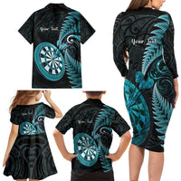 Personalised New Zealand Darts Family Matching Long Sleeve Bodycon Dress and Hawaiian Shirt Happiness Is A Tight Threesome Maori Paua Shell