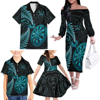 Personalised New Zealand Darts Family Matching Off The Shoulder Long Sleeve Dress and Hawaiian Shirt Happiness Is A Tight Threesome Maori Paua Shell