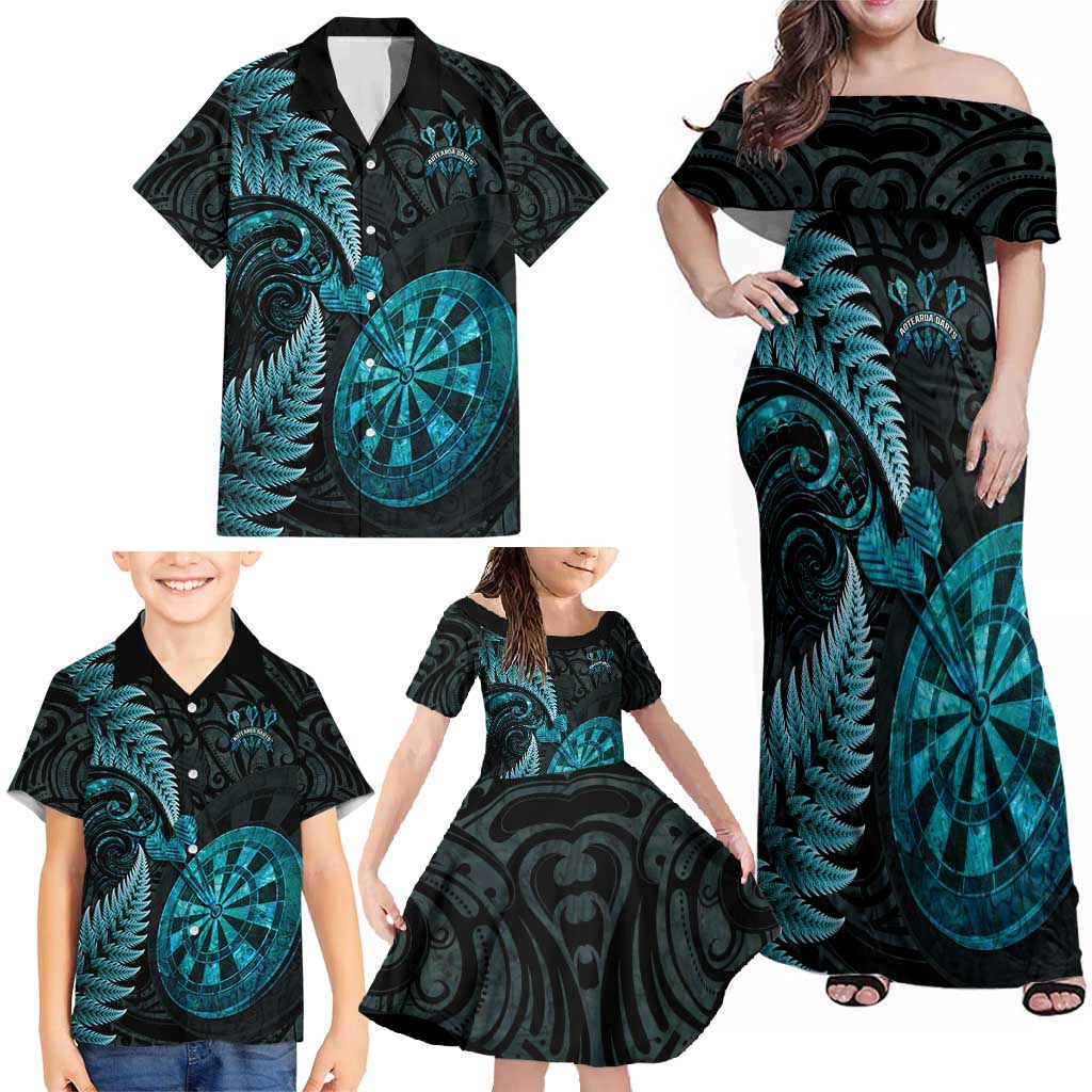 Personalised New Zealand Darts Family Matching Off Shoulder Maxi Dress and Hawaiian Shirt Happiness Is A Tight Threesome Maori Paua Shell