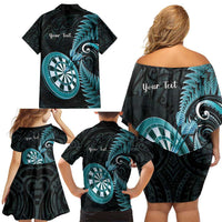 Personalised New Zealand Darts Family Matching Off Shoulder Short Dress and Hawaiian Shirt Happiness Is A Tight Threesome Maori Paua Shell