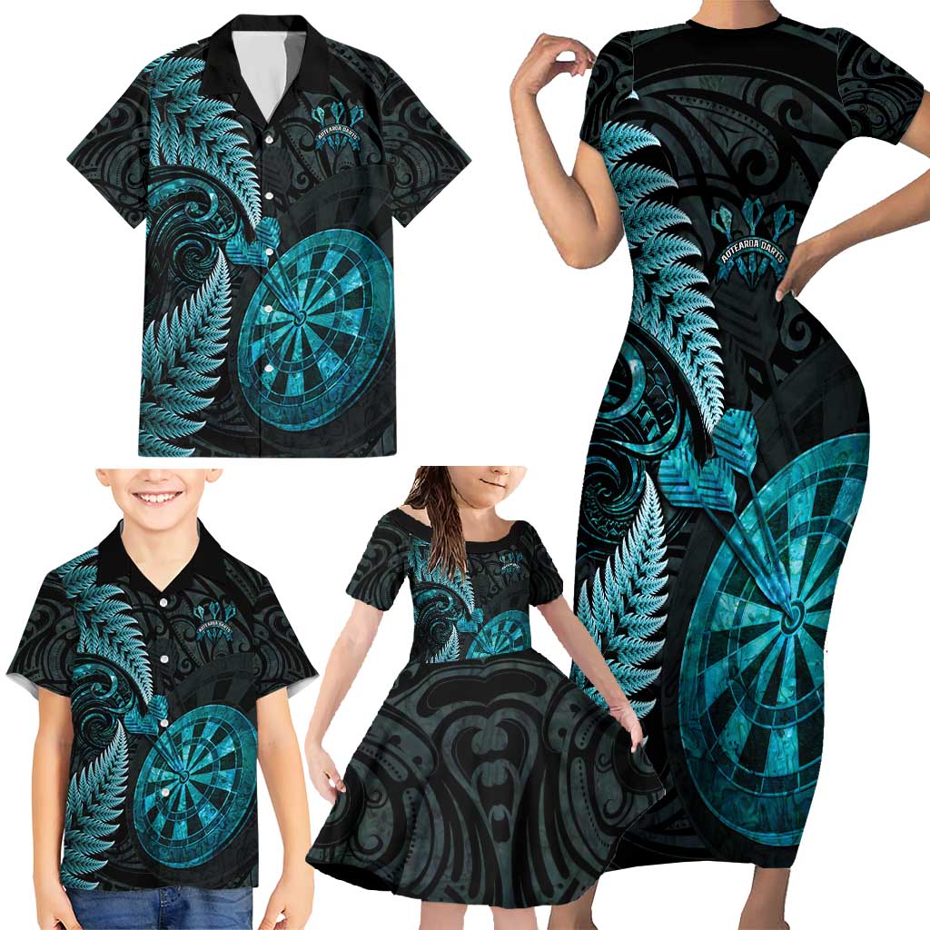 Personalised New Zealand Darts Family Matching Short Sleeve Bodycon Dress and Hawaiian Shirt Happiness Is A Tight Threesome Maori Paua Shell