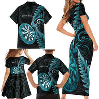 Personalised New Zealand Darts Family Matching Short Sleeve Bodycon Dress and Hawaiian Shirt Happiness Is A Tight Threesome Maori Paua Shell