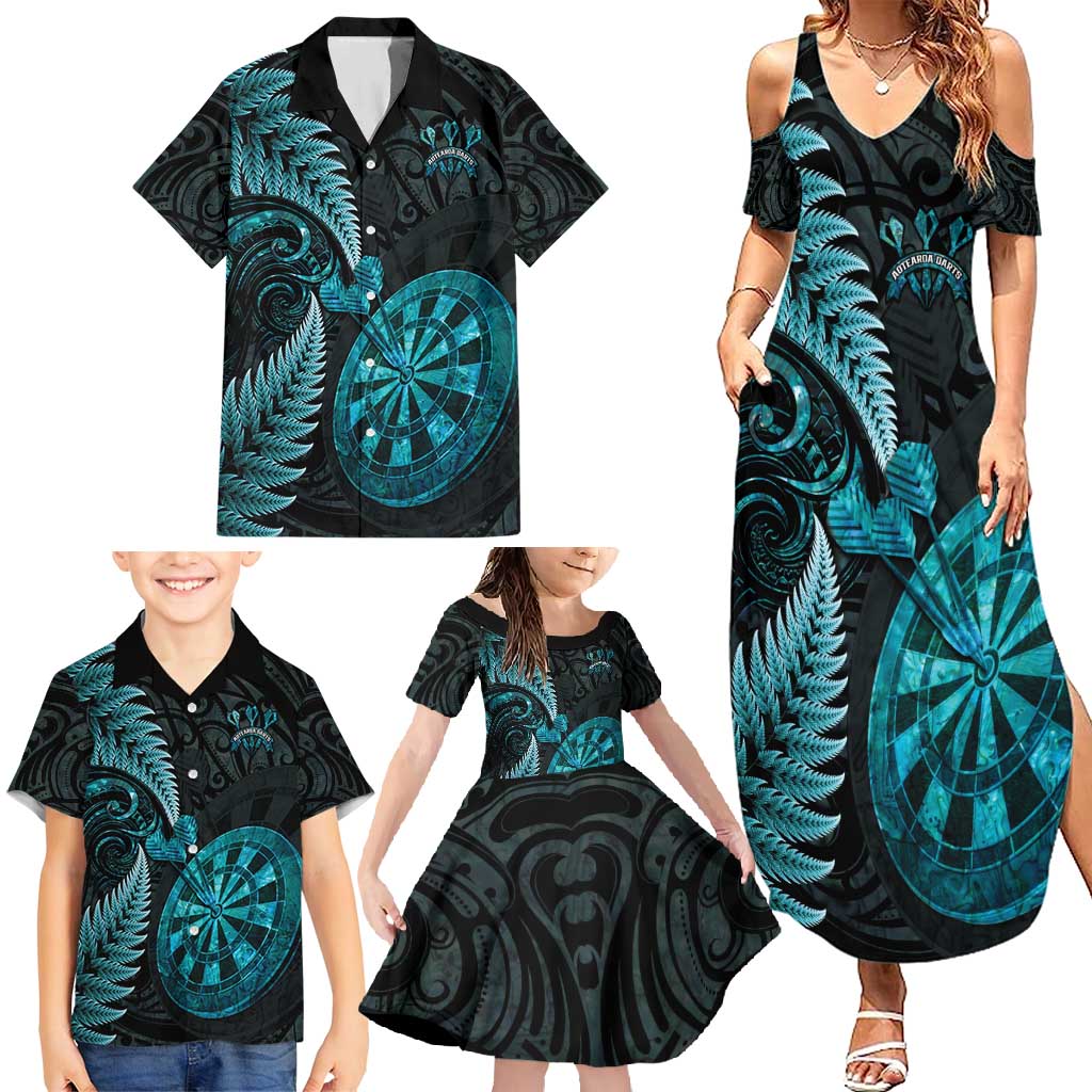 Personalised New Zealand Darts Family Matching Summer Maxi Dress and Hawaiian Shirt Happiness Is A Tight Threesome Maori Paua Shell