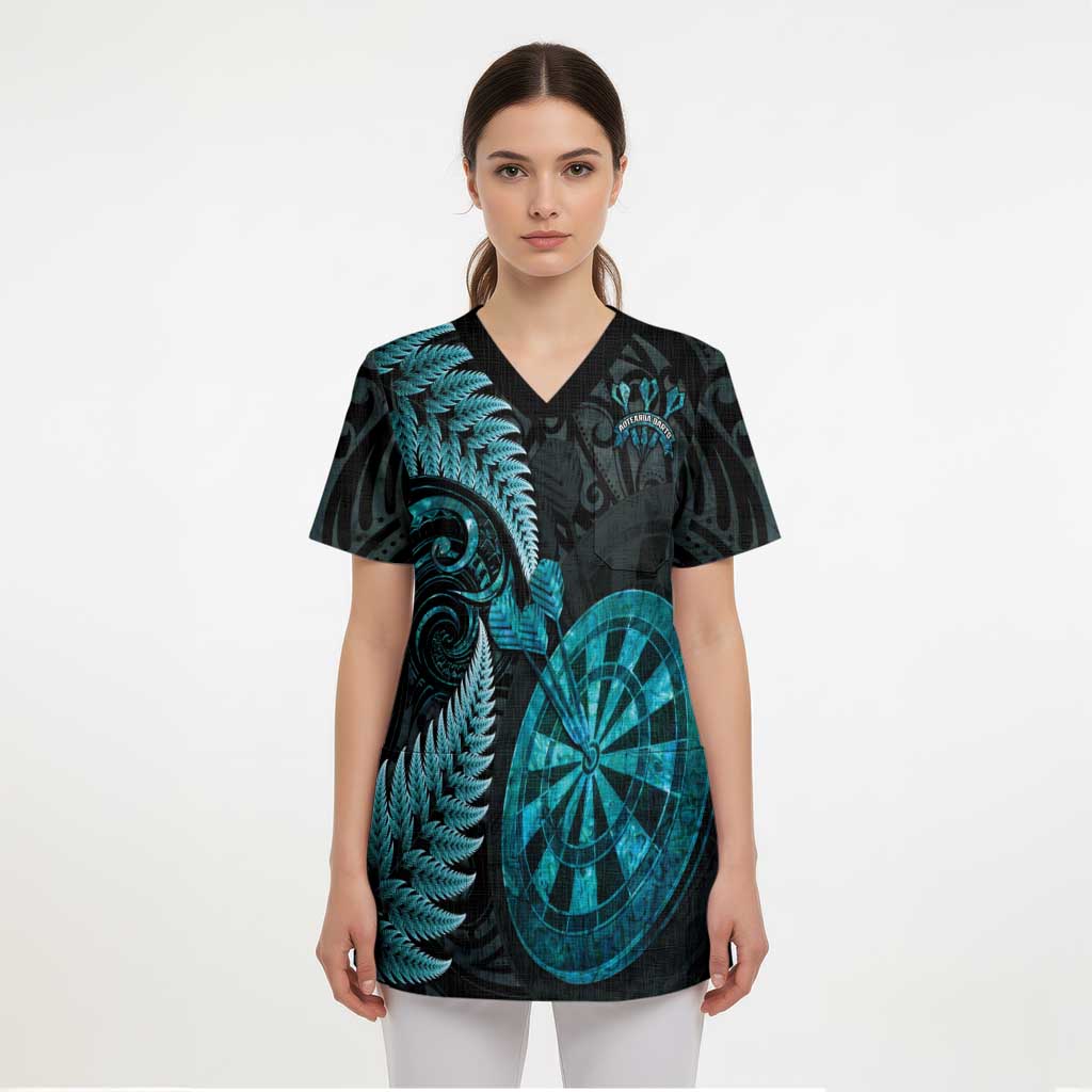 Personalised New Zealand Darts Scrub Top Happiness Is A Tight Threesome Maori Paua Shell - Polynesian Pride