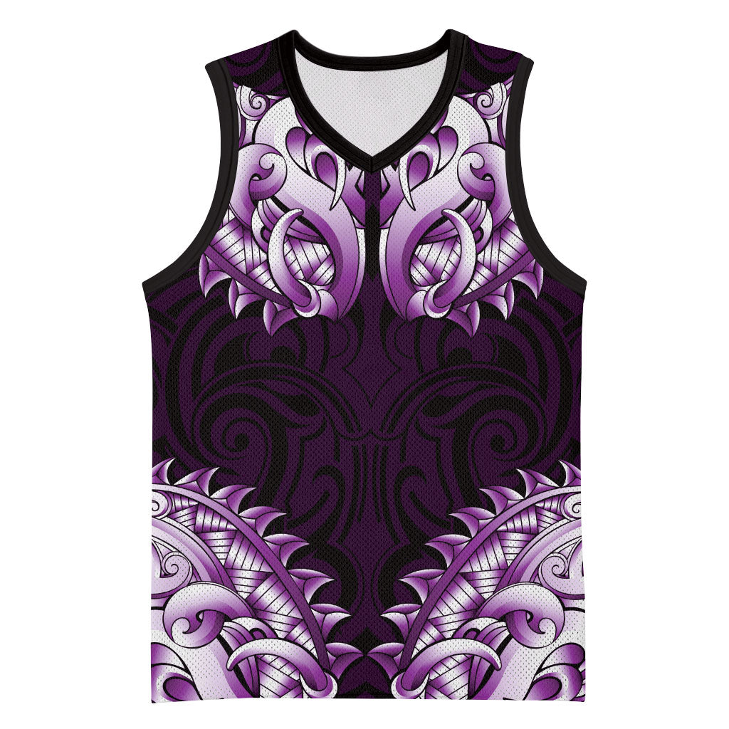 New Zealand Ta Moko Basketball Jersey Aotearoa Maori Chest Tattoo Purple
