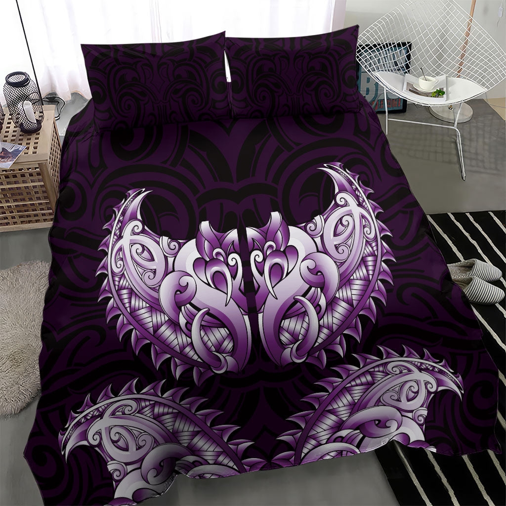 New Zealand Ta Moko Bedding Set Aotearoa Maori Chest Tattoo Purple