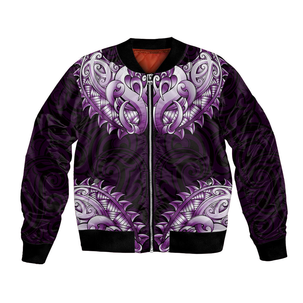 New Zealand Ta Moko Bomber Jacket Aotearoa Maori Chest Tattoo Purple