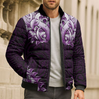 New Zealand Ta Moko Bomber Puffer Jacket Aotearoa Maori Chest Tattoo Purple