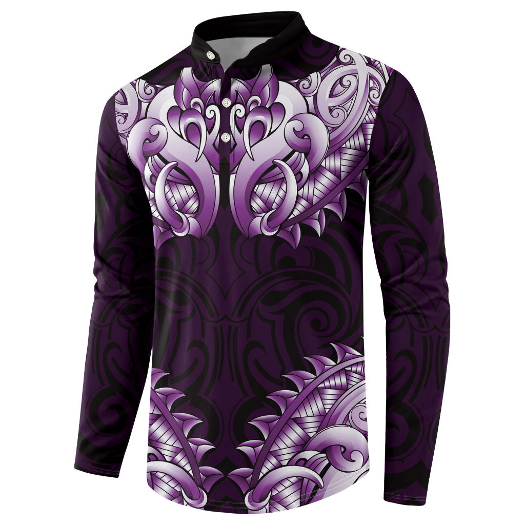 New Zealand Ta Moko Button Sweatshirt Aotearoa Maori Chest Tattoo Purple