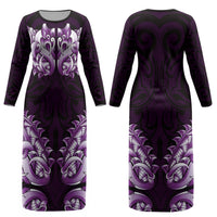 New Zealand Ta Moko Couples Matching Long Sleeve Bodycon Dress and Long Sleeve Button Shirt Aotearoa Maori Chest Tattoo Purple