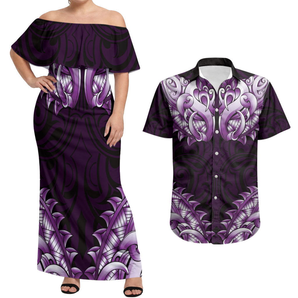 New Zealand Ta Moko Couples Matching Off Shoulder Maxi Dress and Hawaiian Shirt Aotearoa Maori Chest Tattoo Purple