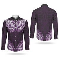 New Zealand Ta Moko Couples Matching Off Shoulder Maxi Dress and Long Sleeve Button Shirt Aotearoa Maori Chest Tattoo Purple