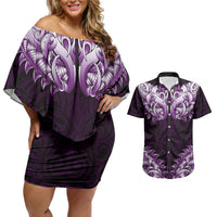 New Zealand Ta Moko Couples Matching Off Shoulder Short Dress and Hawaiian Shirt Aotearoa Maori Chest Tattoo Purple