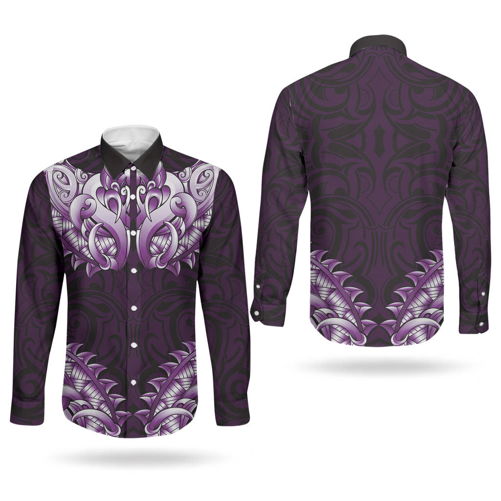 New Zealand Ta Moko Couples Matching Puletasi and Long Sleeve Button Shirt Aotearoa Maori Chest Tattoo Purple