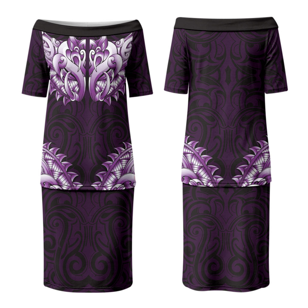 New Zealand Ta Moko Couples Matching Puletasi and Long Sleeve Button Shirt Aotearoa Maori Chest Tattoo Purple
