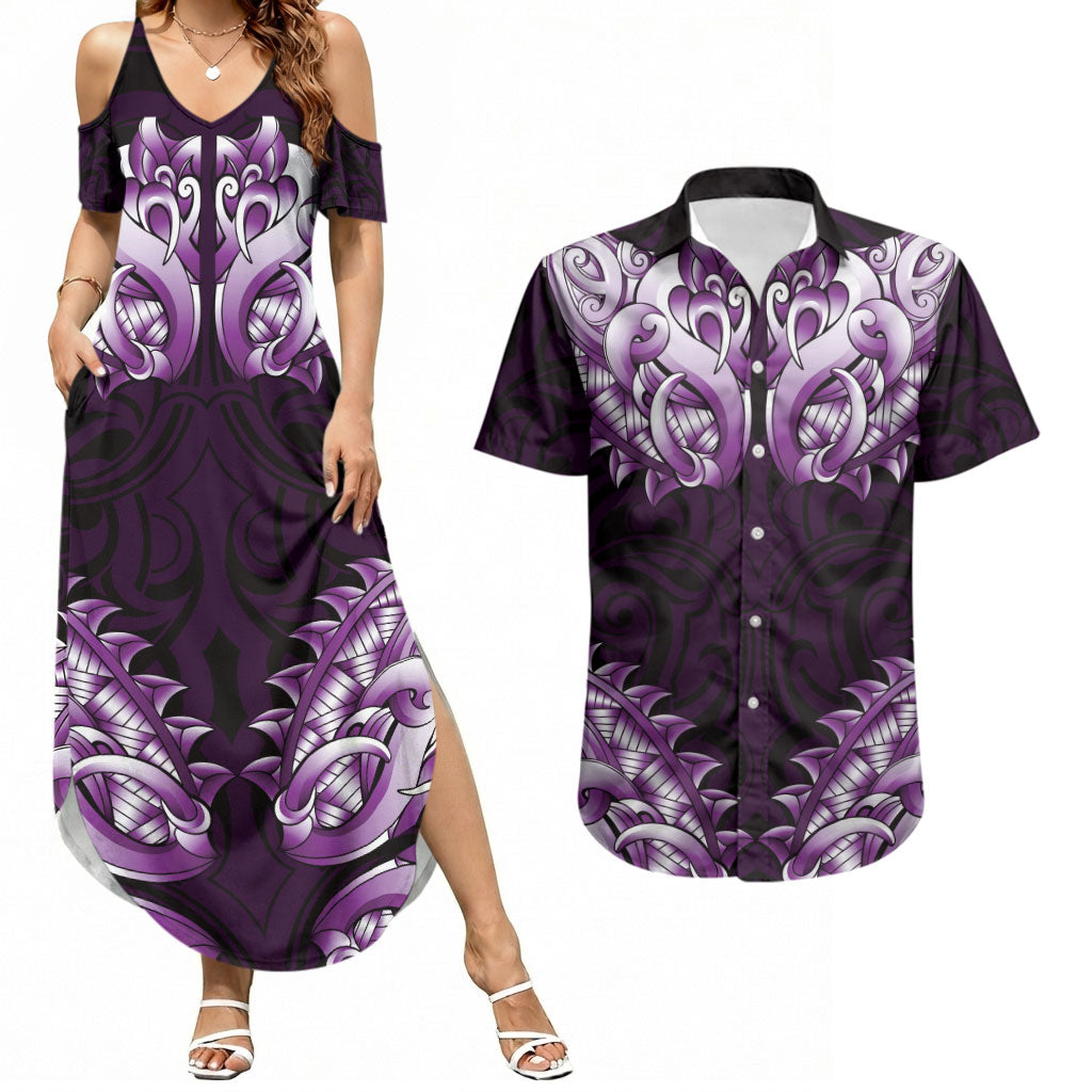 New Zealand Ta Moko Couples Matching Summer Maxi Dress and Hawaiian Shirt Aotearoa Maori Chest Tattoo Purple