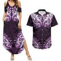 New Zealand Ta Moko Couples Matching Summer Maxi Dress and Hawaiian Shirt Aotearoa Maori Chest Tattoo Purple