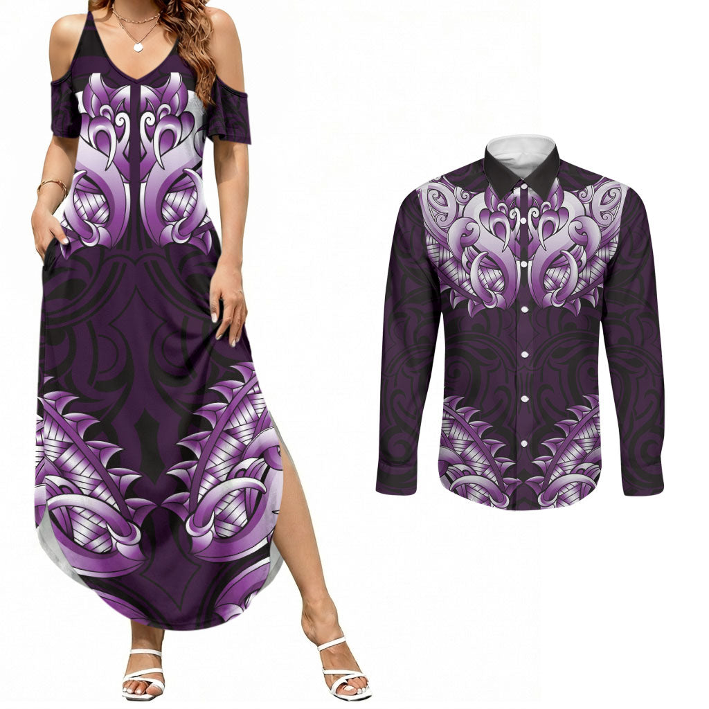 New Zealand Ta Moko Couples Matching Summer Maxi Dress and Long Sleeve Button Shirt Aotearoa Maori Chest Tattoo Purple