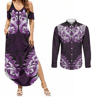 New Zealand Ta Moko Couples Matching Summer Maxi Dress and Long Sleeve Button Shirt Aotearoa Maori Chest Tattoo Purple