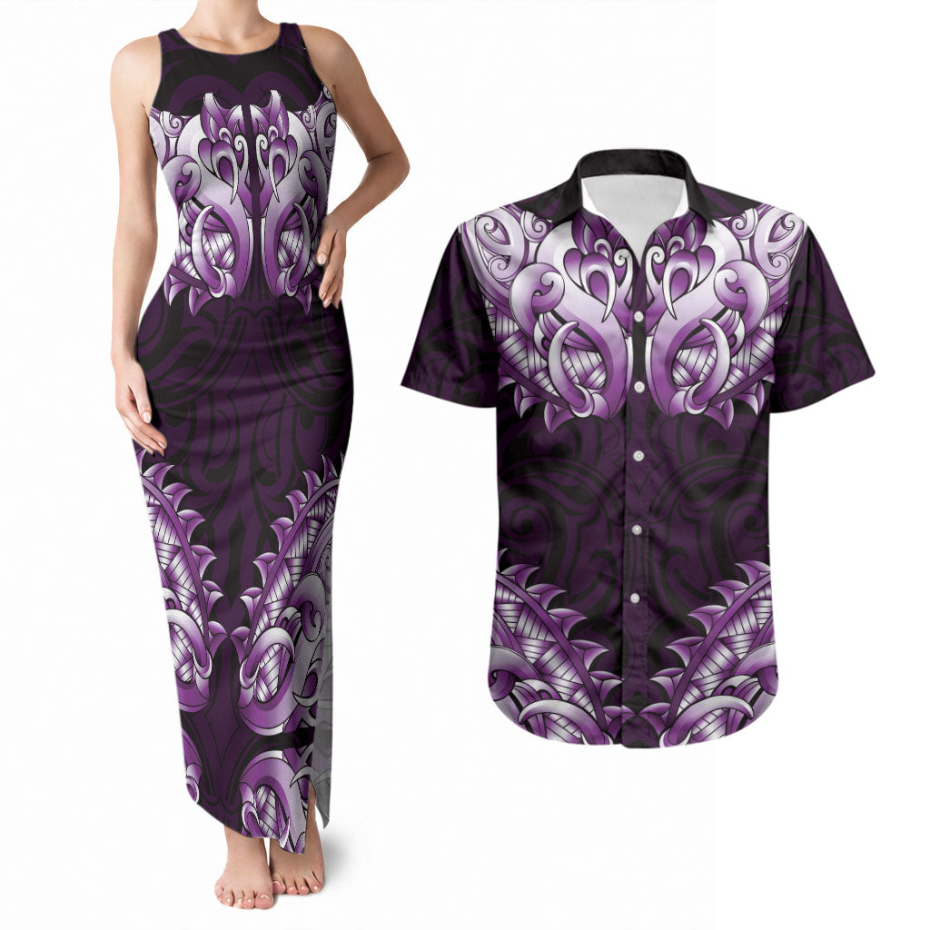 New Zealand Ta Moko Couples Matching Tank Maxi Dress and Hawaiian Shirt Aotearoa Maori Chest Tattoo Purple