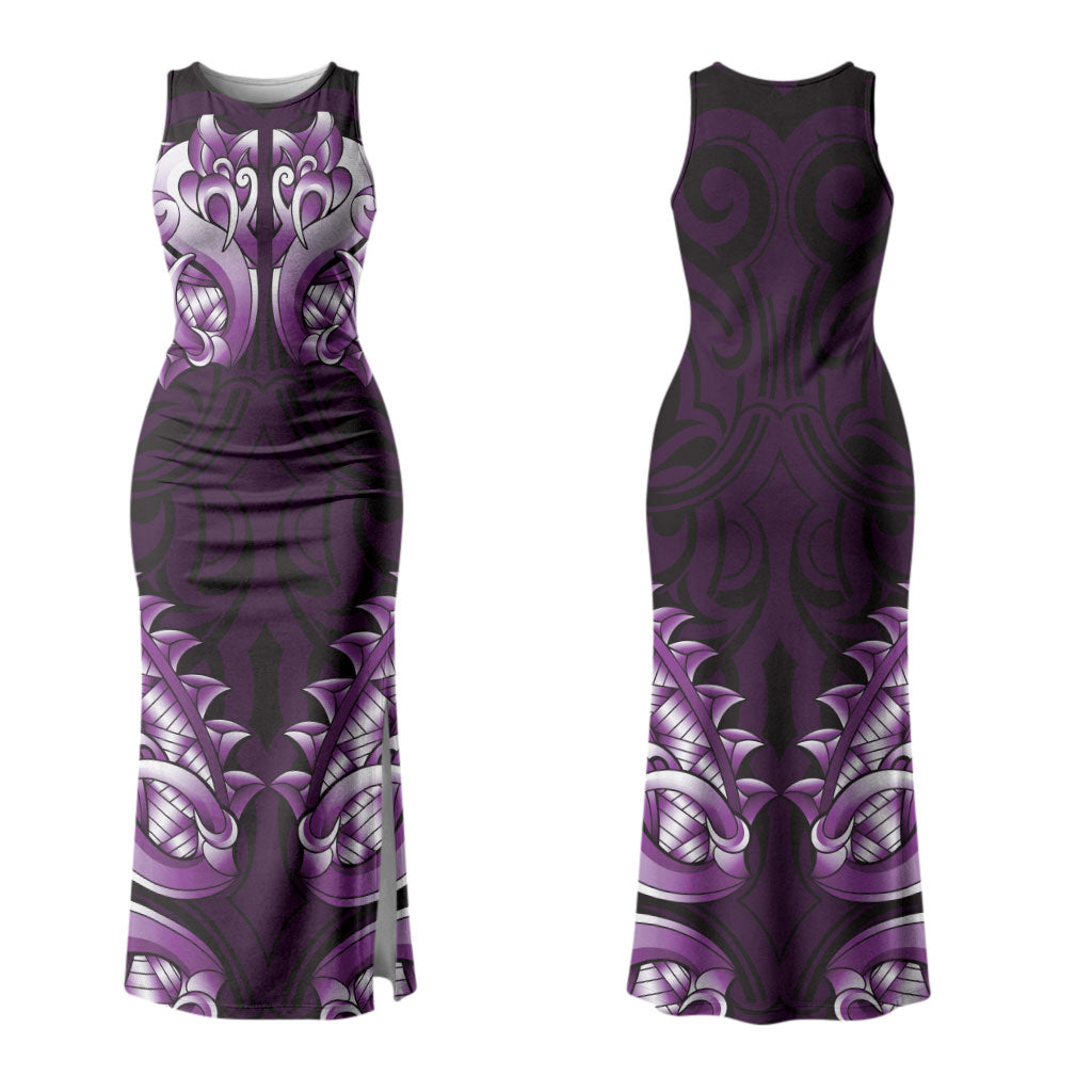 New Zealand Ta Moko Couples Matching Tank Maxi Dress and Long Sleeve Button Shirt Aotearoa Maori Chest Tattoo Purple