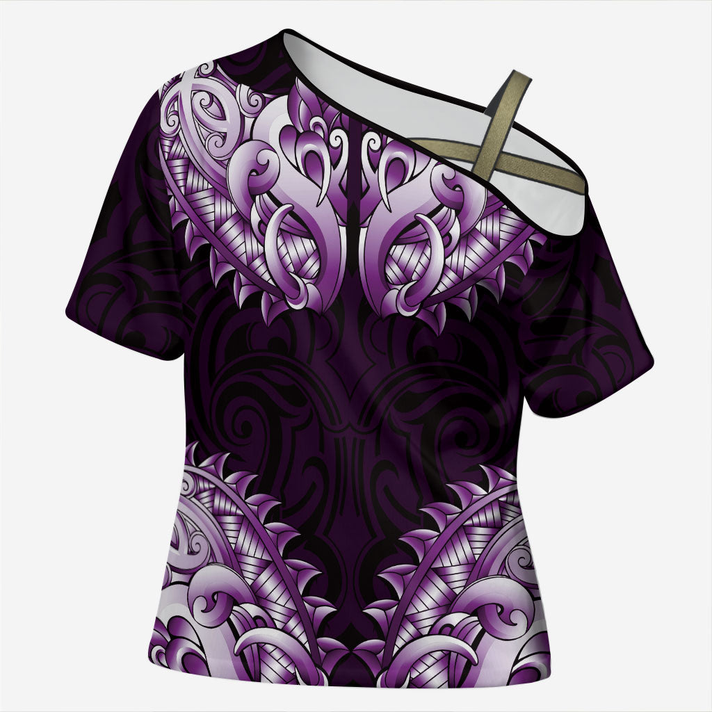 New Zealand Ta Moko Cross Shoulder Shirt Aotearoa Maori Chest Tattoo Purple