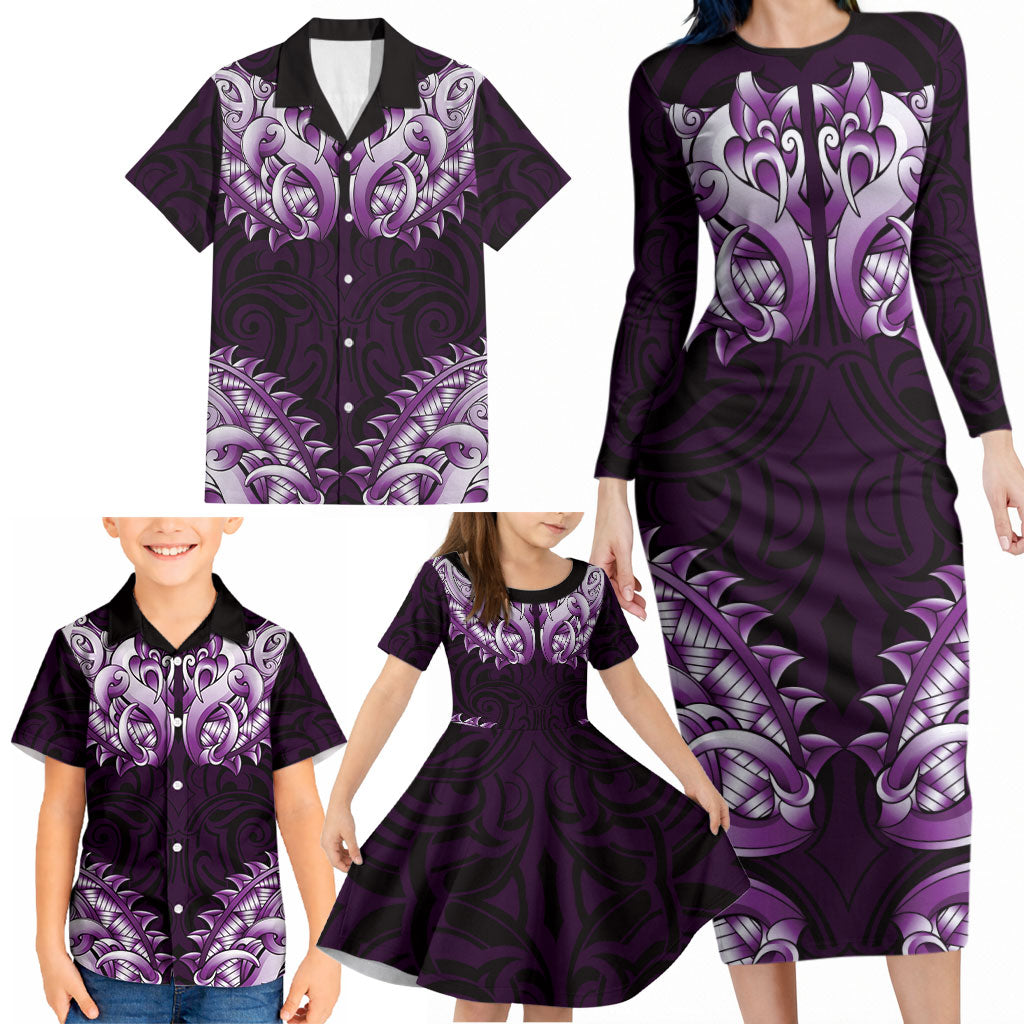 New Zealand Ta Moko Family Matching Long Sleeve Bodycon Dress and Hawaiian Shirt Aotearoa Maori Chest Tattoo Purple