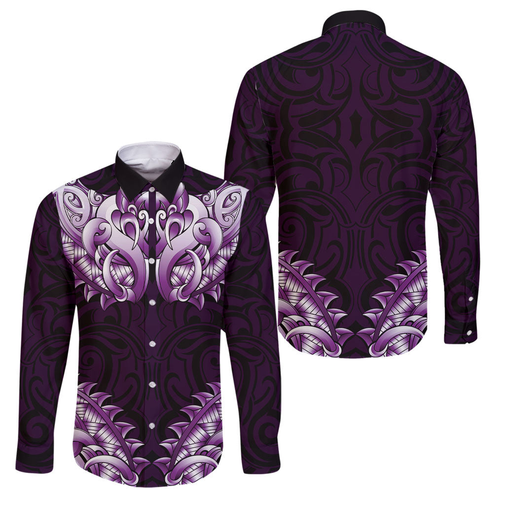 New Zealand Ta Moko Family Matching Off The Shoulder Long Sleeve Dress and Hawaiian Shirt Aotearoa Maori Chest Tattoo Purple