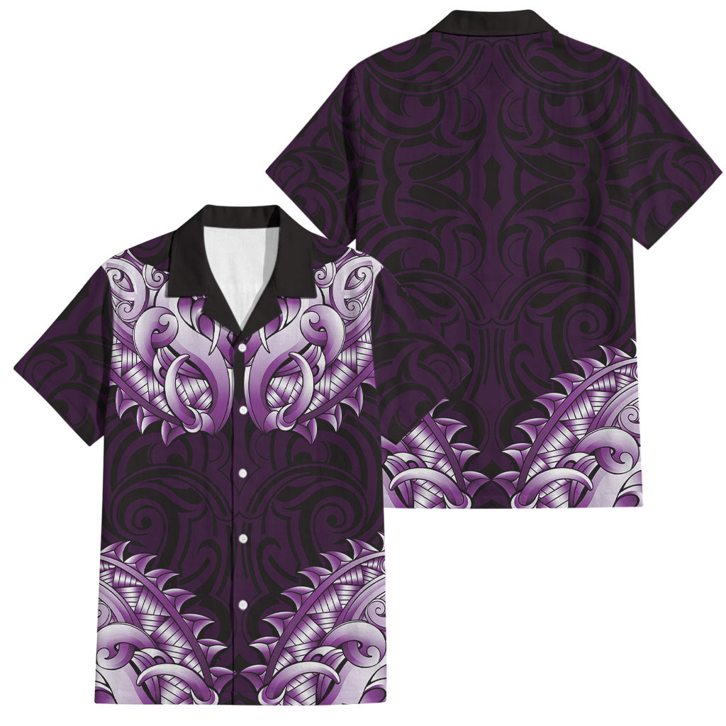 New Zealand Ta Moko Family Matching Short Sleeve Bodycon Dress and Hawaiian Shirt Aotearoa Maori Chest Tattoo Purple