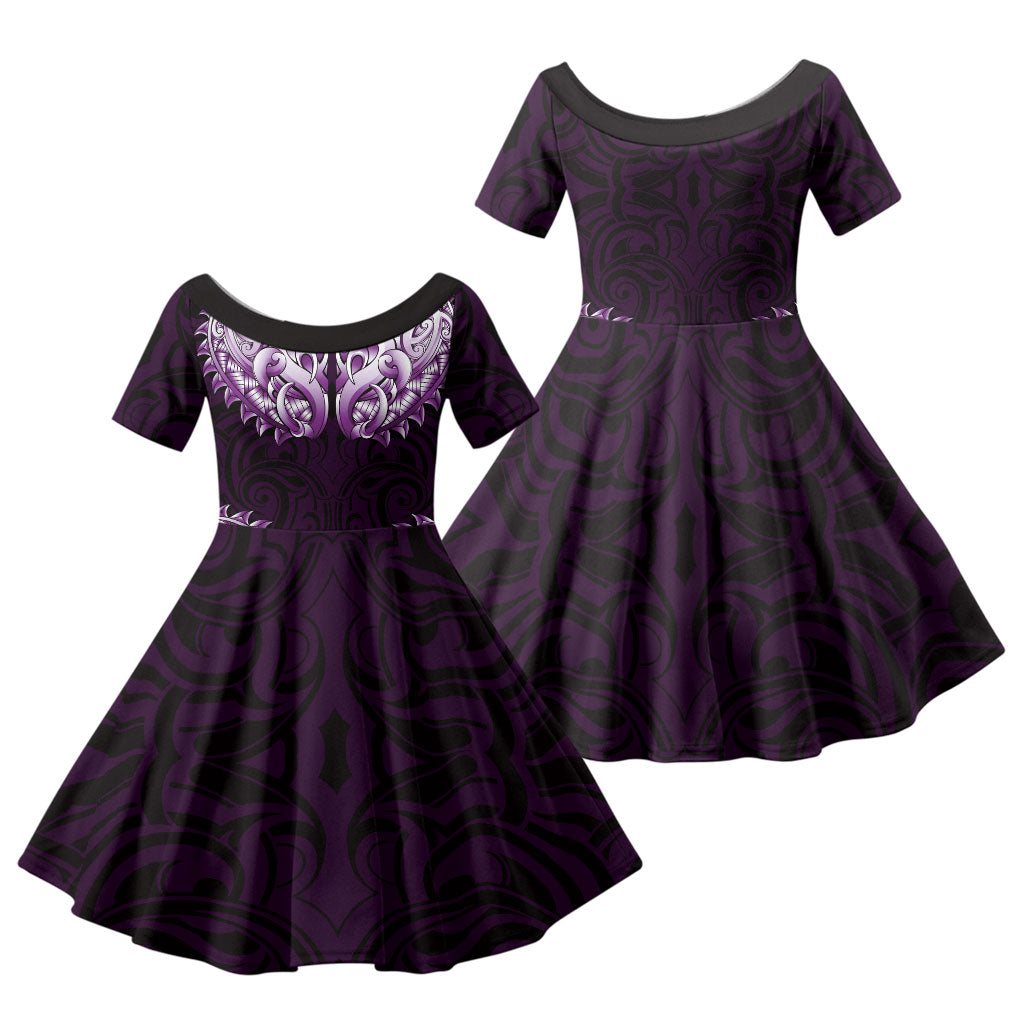 New Zealand Ta Moko Family Matching Summer Maxi Dress and Hawaiian Shirt Aotearoa Maori Chest Tattoo Purple