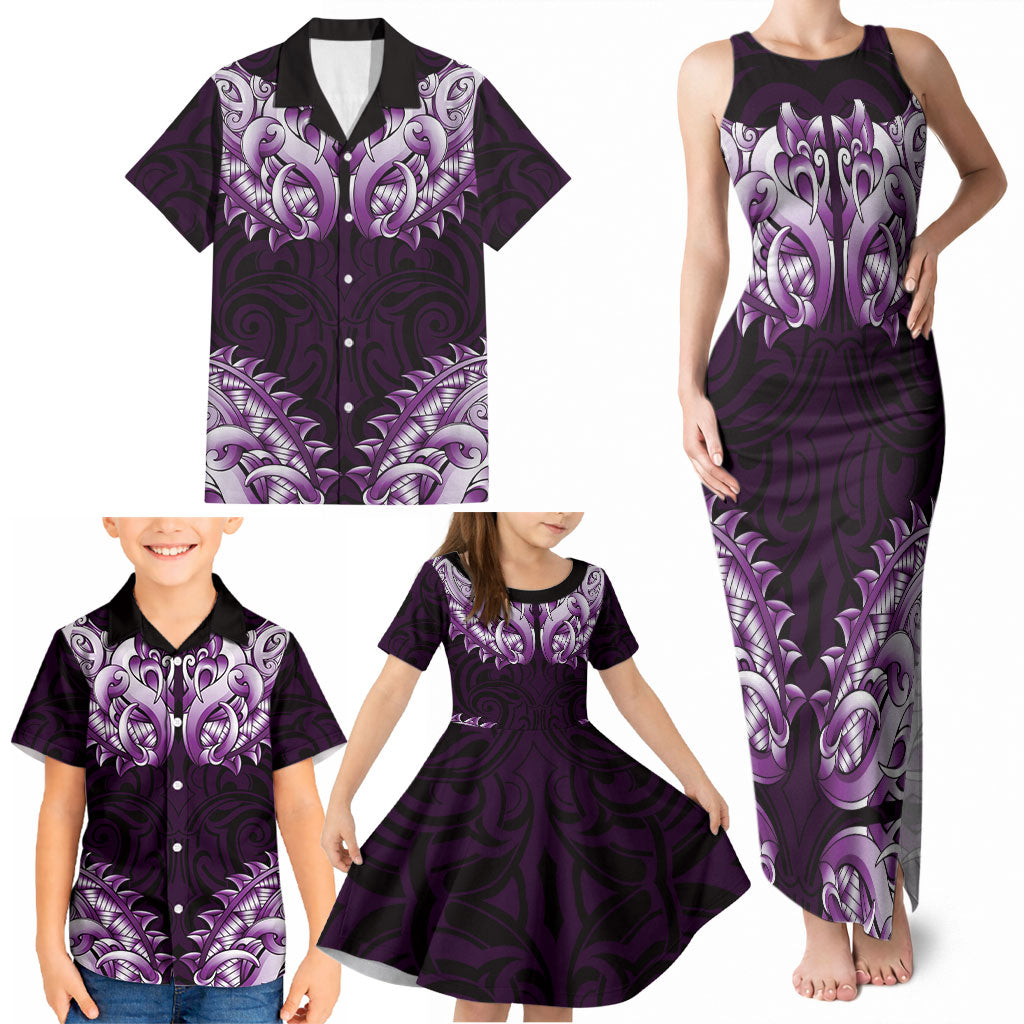 New Zealand Ta Moko Family Matching Tank Maxi Dress and Hawaiian Shirt Aotearoa Maori Chest Tattoo Purple
