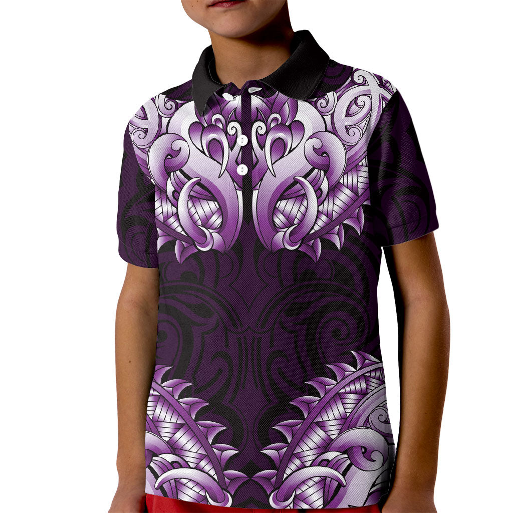 New Zealand Ta Moko Kid Polo Shirt Aotearoa Maori Chest Tattoo Purple