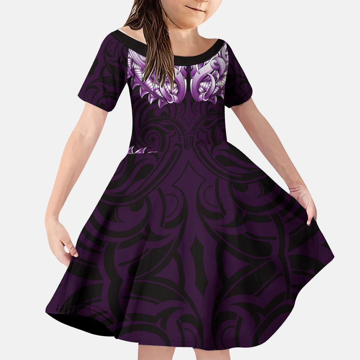 New Zealand Ta Moko Kid Short Sleeve Dress Aotearoa Maori Chest Tattoo Purple