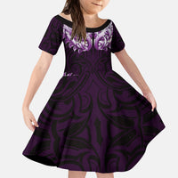 New Zealand Ta Moko Kid Short Sleeve Dress Aotearoa Maori Chest Tattoo Purple