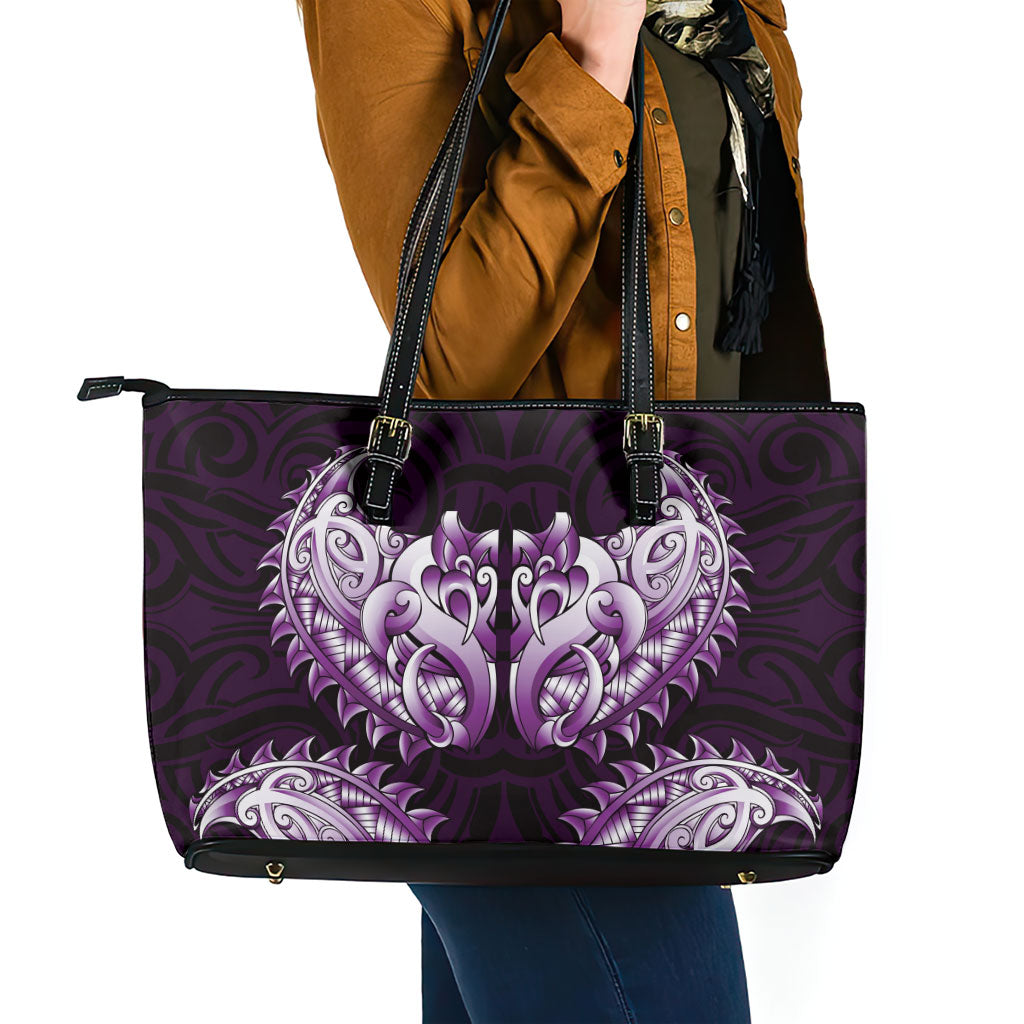 New Zealand Ta Moko Leather Tote Bag Aotearoa Maori Chest Tattoo Purple