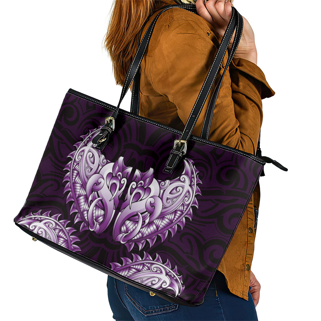 New Zealand Ta Moko Leather Tote Bag Aotearoa Maori Chest Tattoo Purple