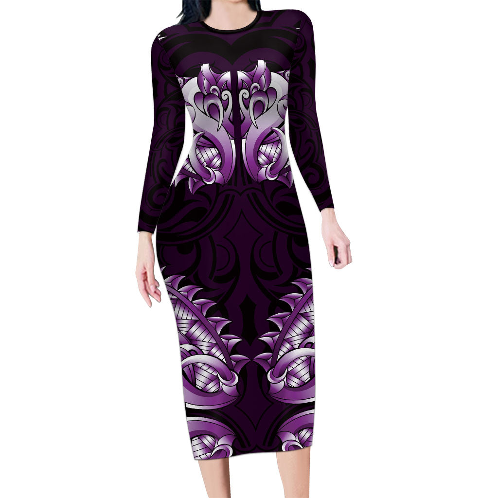 New Zealand Ta Moko Long Sleeve Bodycon Dress Aotearoa Maori Chest Tattoo Purple